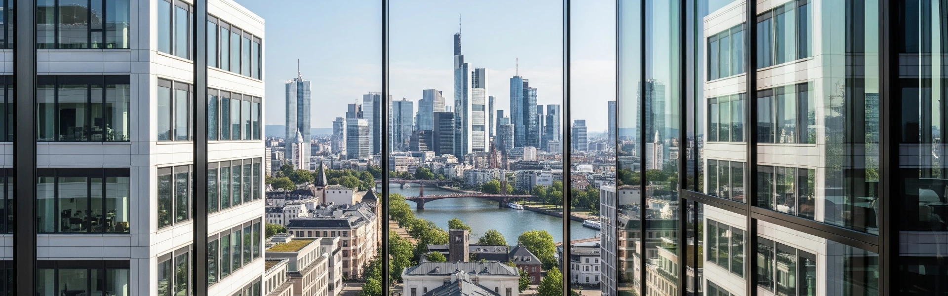 CETIN Immobilien - Sicht aus einem Bürokomplex auf die Sykline von Frankfurt am Main
